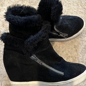 Coconuts by Matisse Black Faux Fur Zip Wedge Sneakers